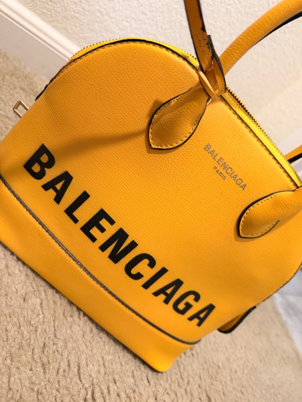 Balenciaga Yellow Leather Logo Dome Satchel with Black Print - Picture 7 of 7